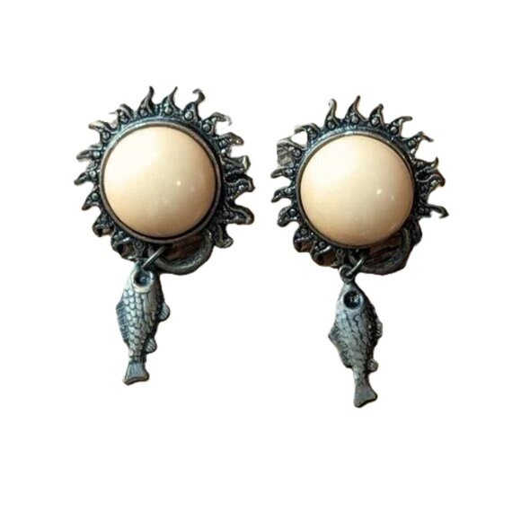 Vintage Starburst Fish Statement Earrings Circular Metal Pearl Dangle Costume - Picture 7 of 7